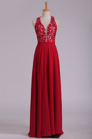 V Neck Prom Dresses A Line Chiffon With Applique And Beads Open Back Floor Length