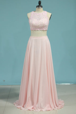 Prom Dresses Scoop Two-Piece A Line Chiffon With Applique