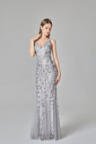 Sexy V Neck Silver Mermaid Prom Dresses, Embroidered Sequins Long Evening Dresses SJS15368