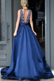 Formal Deep V-Neck Open Back Long Beading Satin Evening Dresses Prom Dresses