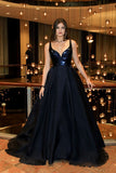 2024 A-Line V-Neck Dark Blue Sleeveless Satin Floor-Length Sweep Train Prom Dresses JS259