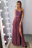 Classic A Line Spaghetti Straps Split Prom Dresses Long With Lace Bodice