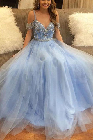 Stylish A-Line V-Neck Off-the-Shoulder Blue Tulle Long Evening Dresses UK with Beading JS297