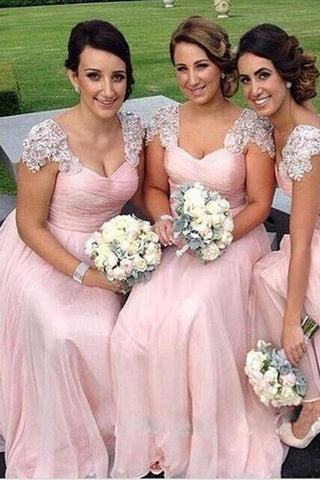 A-Line Pink Princess Cap Sleeves Sweetheart Floor-Length Beads Chiffon Bridesmaid Dresses JS509