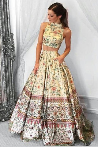 Unique A line Two Piece High Neck Tribal Satin Prom Dresses with Pockets Party Dresses JS190