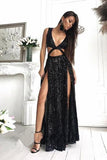 2024 Charming Sexy Sequin Sparkly Simple Rose Gold and Black Split Fashion Prom Dresses JS452