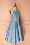 A Line Blue Halter Sleeveless Short Satin Knee Length Homecoming Dress JS601