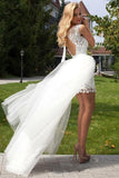 Sheath Scoop Neck Ivory Lace Tulle Detachable Ruffles Open Back Wedding Dresses JS738