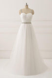 A Line White Spaghetti Straps Tulle Beads Appliques Sweetheart Zipper Prom Dresses JS597