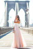 Modest Chiffon Long Blush Pink White Lace A-Line High Neck Floor-Length Prom Dresses JS192