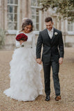 A-Line Round Neck Asymmetric Tulle Open Back Long Sleeves Wedding Dresses