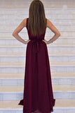 Simple A-line V-neck Chiffon Sweep Train Burgundy Sleeveless Sashes Prom Dresses UK JS404