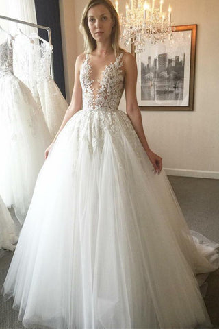 Elegant Ball Gown Round Neck Ivory Open Back Wedding Dress with Appliques Bridal Dresses JS449