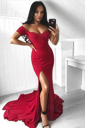 Sexy Mermaid Off the Shoulder Slit Sweetheart Short Sleeve Satin Long Prom Dresses JS40