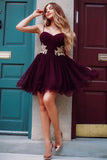 Maroon Mini Spaghetti Straps Sweetheart Lace Applique Above Knee Short Hoco Dresses JS865