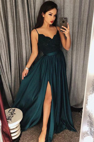 Dark Green Spaghetti Straps Split Front Lace Long Sleeveless Prom Dresses