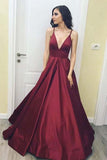 Burgundy Simple A-Line Satin V-Neck Spaghetti Straps Long Floor Length Evening Dresses UK JS285