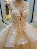 Lace Appliqued And Flowers Chapel Train Pretty Ball Gown Wedding Dresses JS564