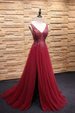 Simple A-Line Burgundy V-Neck Beads Tulle Long Sleeveless Slit Backless Prom Dresses JS241