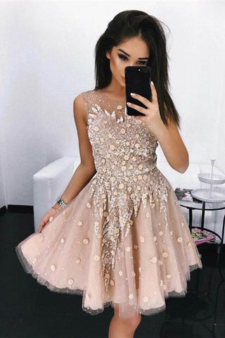 Modest A-Line Round Neck Short Blush Beads Unique Illusion Pleats Homecoming Dresses JS682