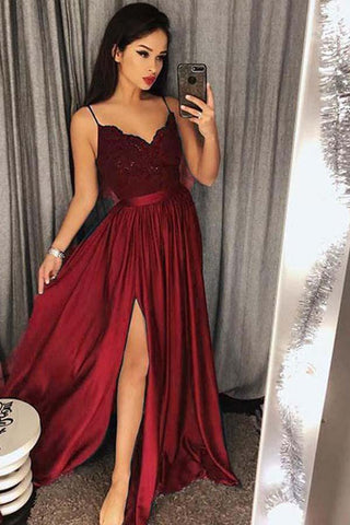 Chic A Line Spaghetti Straps Long Lace Burgundy V Neck Maxi High Split Prom Dresses JS655