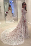 A-Line Backless Bowknot Scalloped Ivory Long Sleeve Backless Lace Wedding Dresses UK JS330