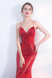 V-Neck Red Mermaid Spaghetti Straps Sparkly Backless Sleeveless Sequins Evening Dresses JS242