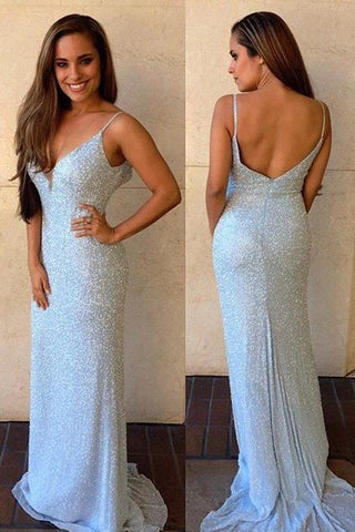 Cheap Floor-Length Sleeveless V-Neck Mermaid Backless Spaghetti Strap Prom Dresses JS615