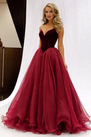 Princess V-Neck Organza Sleeveless Open Back Ruffles Burgundy Prom Dresses JS696