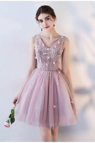 Princess Pink A Line V Neck Flowers Tulle Lace up Short Mini Homecoming Dresses JS877