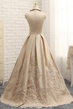 Special A-line V-neck Cap Sleeves Satin Appliques Lace Long Formal Evening Dresses JS429