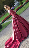 Long Sleeves Off the Shoulder Burgundy Sweetheart Satin Lace Ball Gown Prom Dresses UK JS435