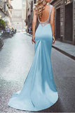 Elegant Amazing Beading Satin Scoop Mermaid Blue Backless Sleeveless Long Prom Dresses JS225