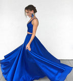 A Line Two Pieces Spaghetti Straps Simple Long Cheap V Neck Blue Sleeveless Prom Dress JS637