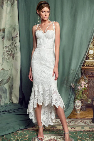 Elegant Lace White Sheath Prom Dress, Lace Simple Wedding Dress