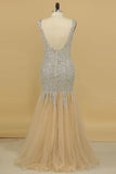 V Neck Prom Dresses Open Back Beaded Bodice Mermaid Tulle Floor Length