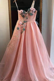 Unique A Line One Shoulder 3D Appliques Pink Tulle Long Beads Prom SJS20449