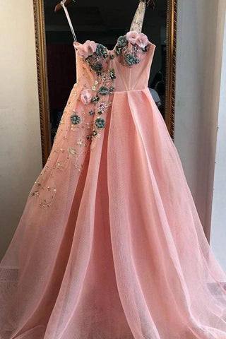 Unique A Line One Shoulder 3D Appliques Pink Tulle Long Beads Prom SJS20449