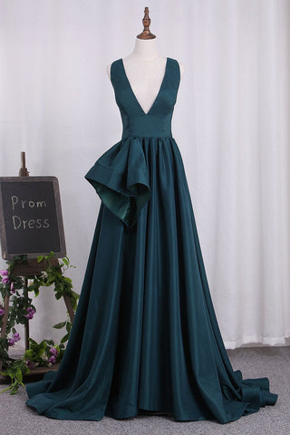 Deep V Neck Elastic Satin A Line Evening Dresses Sweep Train