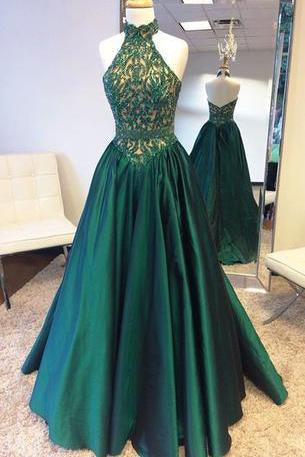 Elegant Halter Sweep Train Hunter Prom Dress with Lace Beading Prom Dresses JS679