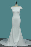 Bateau Short Sleeves Wedding Dresses Open Back Spandex With Beading