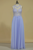 Prom Dresses Open Back Scoop Chiffon With Applique And Beads Sweep Train A Line