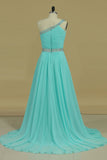 Hot One Shoulder Prom Dresses A Line Chiffon With Beading & Ruffles