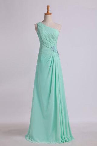 Evening Dresses One Shouder Pleated Bodice Column Chiffon With Beads