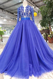 Long Sleeves V Neck Prom Dresses Tulle With Applique A Line Beads