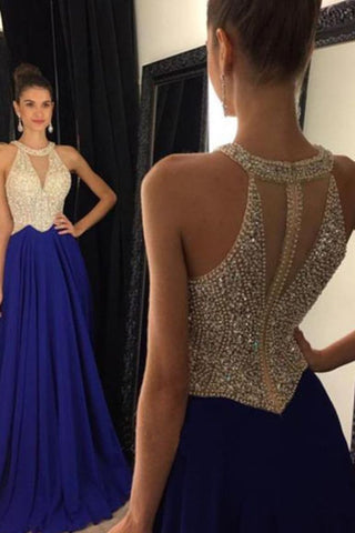 Sexy Chiffon Scoop-Neck A Line Prom Dresses Zipper Up Beaded Bodice