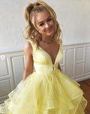 A Line Yellow Multi-layered Polka Dot Organza Prom Dresses Long Sweet 16 SJS15616