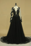 Tulle Scoop Long Sleeves A Line Prom Dresses With Slit And Applique