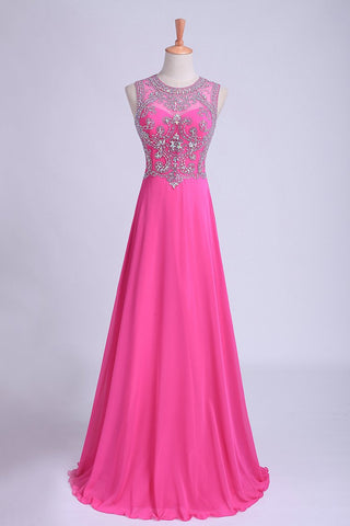 Scoop A-Line Chiffon&Tulle Floor-Length Prom Dresses With Beads Color Fuchsia