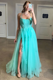 Spaghetti Straps High Slit Evening Dress Appliqued Sweep Train Long Prom SJSPK6C7A1K